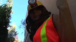 Hot brunette has hardcore group sex with DP