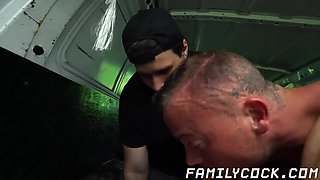 helpless young man raw impaled by his stepdad outdoors