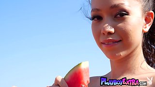 Naked asian babe ate juicy melon outdoor