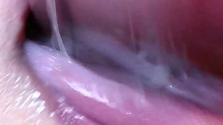Wet Messy Cum All Over Her Juicy Lips (close-up)