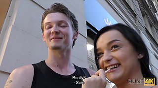 HUNT4K. Dark Hair Erica Black rides guy's rod in front..