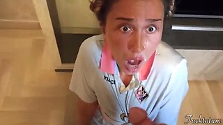 Naive College Cheerleader Tricked Into First Time Halloween Blowjob - Old Man Pumps Cum On Her Face