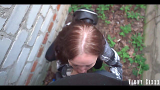 Real Fast Risky Blowjob Behind the Garages. Cummed Mouth Full and Made Her Swallow