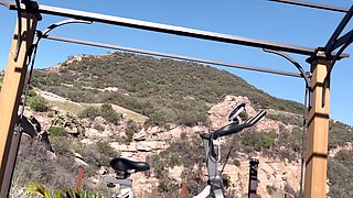 Amazing busty brunette slut doing blowjob outdoor