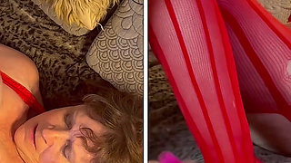 Granny Lady in Red: Dildo Play & 2 Position Fucking Orgasm