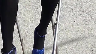 Denim Shorts, Black Tights and Gorgeous 8 Inch Heels