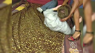 Ebony in High Heels Spreads Her Long Legs Wide and Plants Black Pussy on White Guy Face