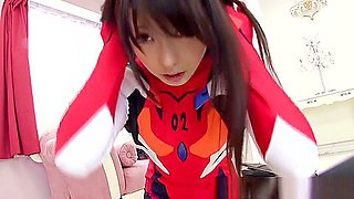 Japanese cosplay ginger babe tugging cock
