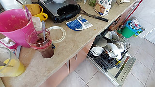 Sexy mom prepares breakfast, hairy pussy, big tits.