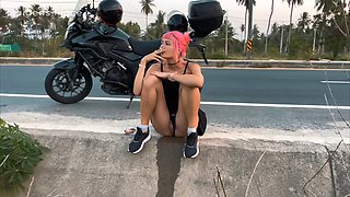 Motorbike girlfriend peeing on the roadside