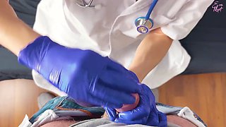 POV CFNM handjob only: nurse in surgical gloves is helping a hard to cum patient obtain a sperm sample for analysis