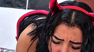 My girlfriend dressed in devils sucking my big cock at Halloween parties.
