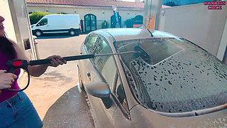Sexy Girl Next Door in Jeans Skirt and High Heels Washes Her Car