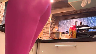 Pink Leather Leggings & Cameltoe Tease in the Kitchen
