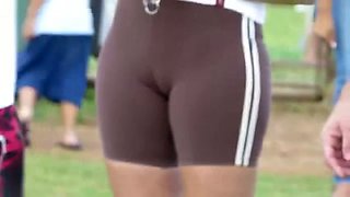 Two sporty girls flash their cameltoe in the street