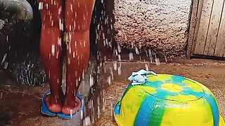 Outdoor Bathing My Pregnant Girlfriend in Dirty Environment