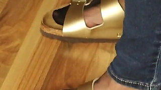 Golden Mules & Black Nylons - Sensual Shoe Removal