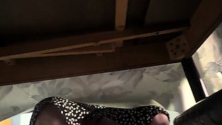 My mother in law spreads her beautiful legs under the table