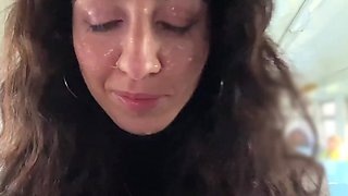 Slutty Russian brunette got some cum on her face by a stranger in a train