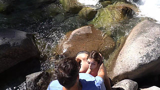 Blowjob and Cumshot on Her Face in a Beautiful River on an Afternoon Walk