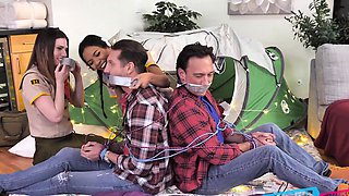 Brunettes go wild in a steamy four-way with dirty talk and taboo desires fulfilled