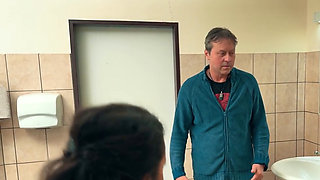 Point of view screwing in a public bathroom for a hot babe