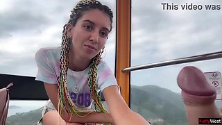 Public Flashing Blowjob - Skinny Brunette Swallows Cum on Ferris Wheel POV