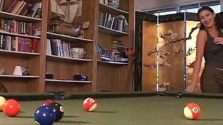 Brunette cutie in pigtails sucks dick, gets fucked on the pool table