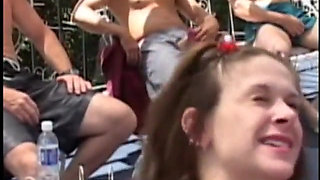Sexy petite brunette takes DP during gangbang with muscular studs outdoors