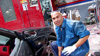 Two gorgeous babes get fucked by an auto mechanic