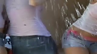 Purple Dildo Threesome in the Garage - Tattooed Brunette and Two Girlfriends by the Red Sports Car
