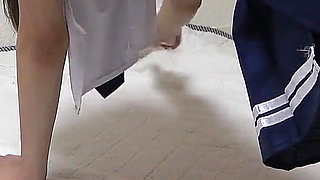 Apron-style Student Uniform, Miniskirt, White G-string Panties and White Socks, Slender Japanese Girl Cleaning Her Apartment