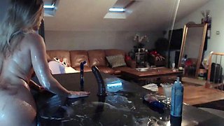 Pregnant blonde masturbates close up