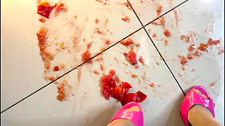 Domme Secretary Crushing Balls Tomatoes in High Heels