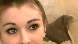 Brunette Brisi masturbates and mouth fucks cock for the first time