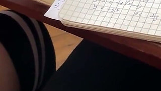 Schoolgirl Handjob Again in Math Class Under the Table and Even a Bit of Footjob. at School.