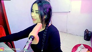 Brunette Sucks Big Pink Dildo Machine