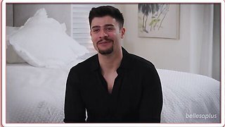 Curvy Latina Cami Strella in glasses opens her thighs and takes him deep