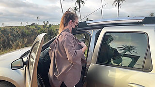 Naked Busty Blonde Walks by Car on Public Road