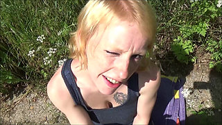 Blonde Sex Slave Swallows Everything on the Side of the Road