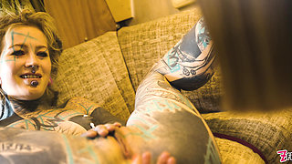 Roadtrip Tattooed Girl Fucks a Girl Anal with a Big Toys in Vintage Talbot Express