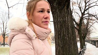 Blonde is flashing her big boobs in the outdoors