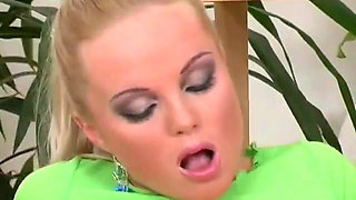 Hot Blonde Whore with Fantastic Breasts Fucks Herself Doggy Style with Sex Toy