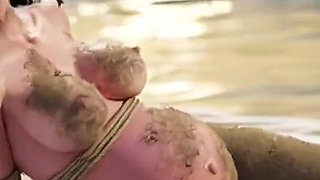 Pregnant Slave Naked in Public Beach Bondage - Huge Belly Exposed