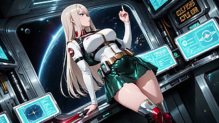 Private moments inside the futuristic spaceship where her white uniform is stretched to perfection.