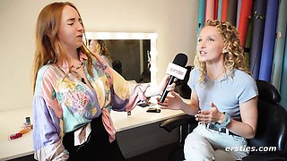 Blonde with pierced nipples kisses then takes doggy on a real life sex game show