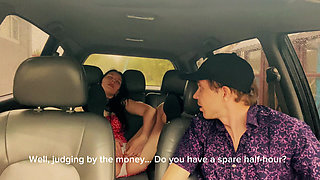 Wife cheating with a taxi driver in the car outside the house