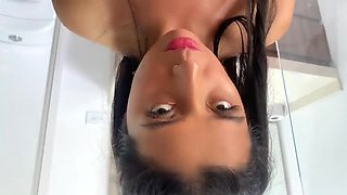 Hot Latina MILF swallows big cock cum after deep throat blowjob in bathroom