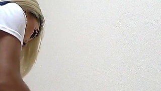 Busty Tanned Japanese Surfer Girl in Braless Student Uniform, Mini Skirt, Wedgie Thong Panties, Socks, Sexy Apartment Cleaning