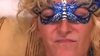 Mature Amateur Masked Wife Gasps with Dildo Inside Hairy Pussy